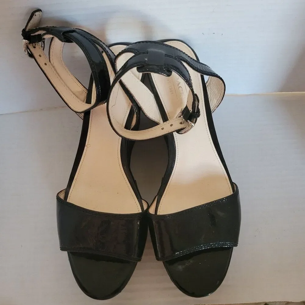 Coach Wedge Heels Sandals Platform Black Patent Leather Nalene Women's Woman's 7